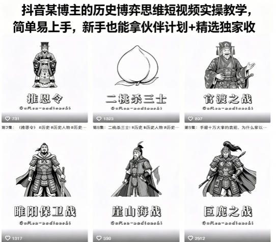 抖音某博主的历史博弈思维短视频实操教学，简单易上手，新手也能拿伙伴计划+精选独家收益-无畏轻创