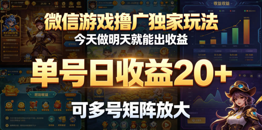 微信游戏撸广独家玩法，今天做明天就能出收益，单号日收益20+，可多号矩阵放大-无畏轻创