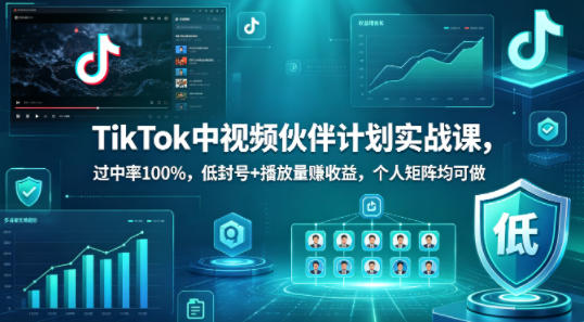 TikTok中视频伙伴计划实战课，过中率100%，低封号+播放量賺收益，个人矩阵均可做-无畏轻创