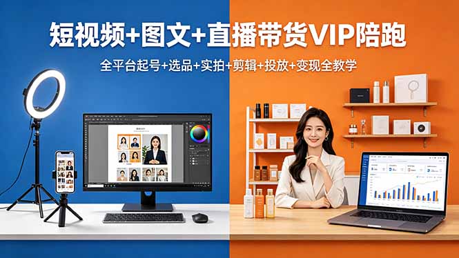 短视频+图文+直播带货VIP陪跑，全平台起号+选品+实拍+剪辑+投放+变现全教学-无畏轻创