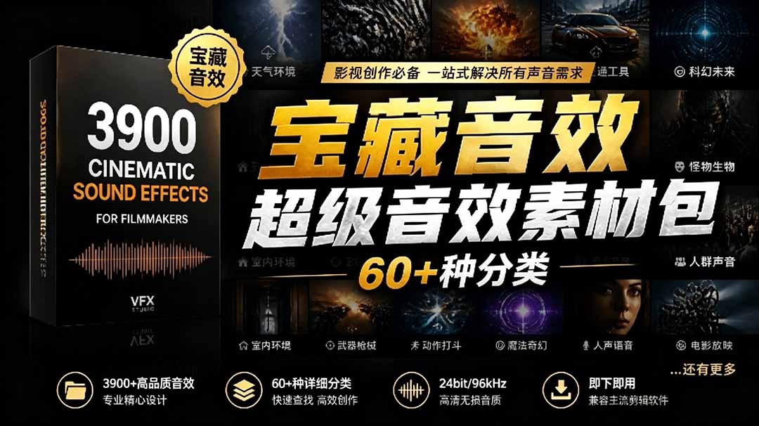 宝藏音效合集包！60+多种音效分类，共计3900个，分类清晰，全中文分类，高品质剪辑音效素材包-无畏轻创
