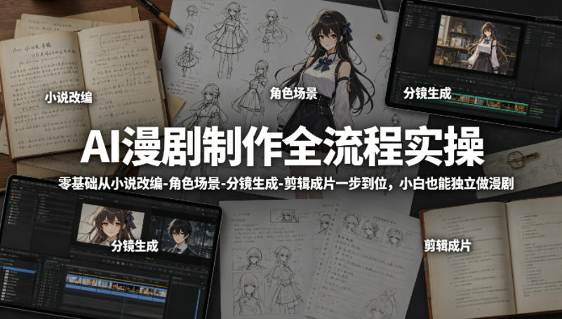 AI漫剧制作全流程实操，零基础从小说改编-角色场景-分镜生成-剪辑成片一步到位，小白也能独立做漫剧-无畏轻创