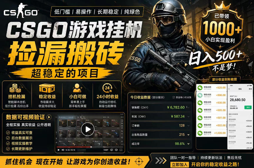 CSGO游戏搬砖，全自动挂G，不需要玩游戏，手机操作日入300+，解放双手【揭秘】-无畏轻创
