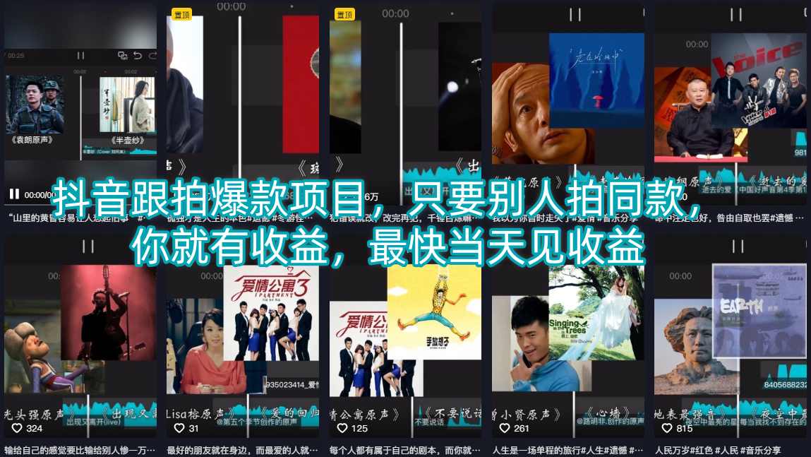 抖音跟拍爆款项目，只要别人拍同款，你就有收益，最快当天见收益-无畏轻创
