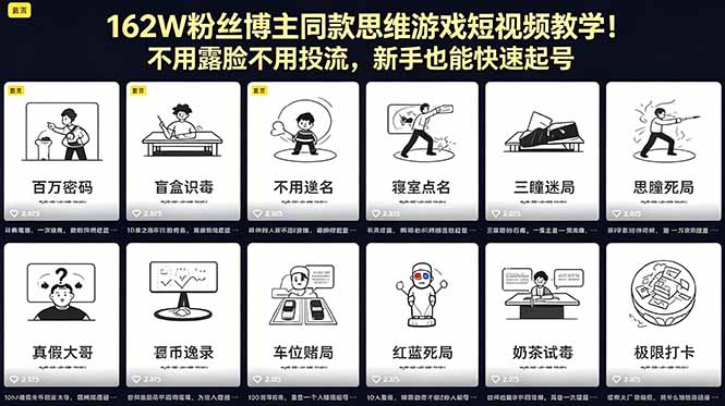 162W粉丝博主同款思维游戏短视频教学！不用露脸不用投流，新手也能快速起号-无畏轻创