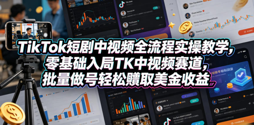 TikTok短剧中视频全流程实操教学,零基础入局TK中视频赛道,批量做号轻松賺取美金收益-无畏轻创