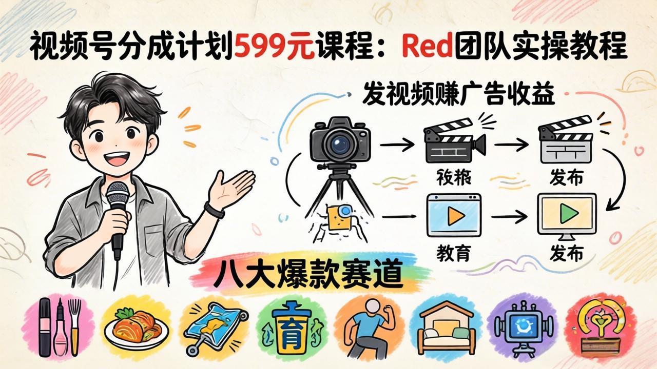 视频号分成计划599元课程：Red团队实操教程，发视频赚广告收益，八大爆款赛道全掌握-无畏轻创