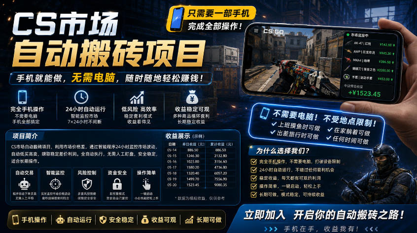 手机即可操作的CS市场自动搬砖系统｜自动监控｜自动下单|日入300+【揭秘】-无畏轻创