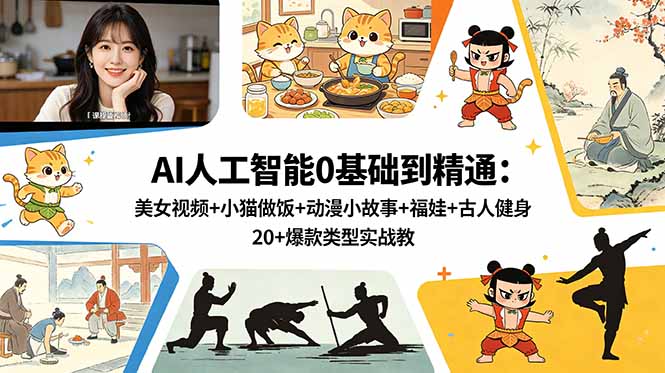AI人工智能0基础到精通：美女视频+小猫做饭+动漫小故事+福娃+古人健身，20+爆款类型实战教学-无畏轻创
