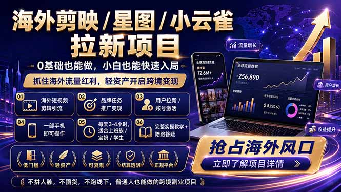 海外剪映 / 星图 / 小云雀拉新项目 普通人也能上手的跨境流量变现副业-无畏轻创
