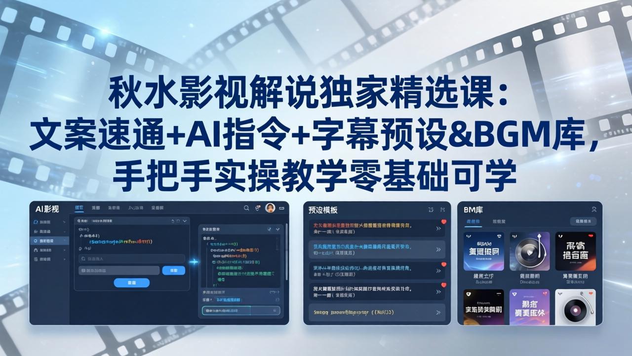 秋水影视解说独家精选课：文案速通+AI指令+字幕预设+BGM库，手把手实操教学零基础可学-无畏轻创