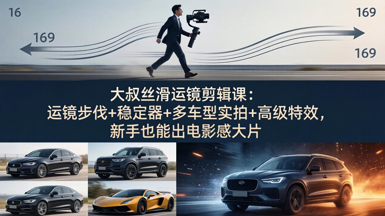 大叔丝滑运镜剪辑课：运镜步伐+稳定器+多车型实拍+高级特效，新手也能出电影感大片-无畏轻创