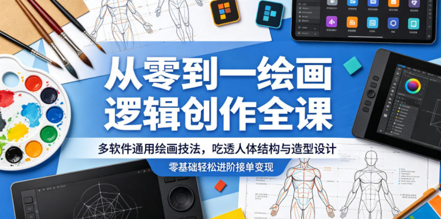 从零到一绘画逻辑创作全课，多软件通用绘画技法，吃透人体结构与造型设计，零基础轻松进阶接单变现-无畏轻创