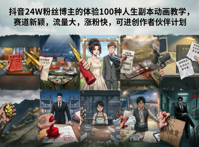 抖音24W粉丝博主的体验100种人生副本动画教学，赛道新颖，流量大，涨粉快，可进创作者伙伴计划-无畏轻创