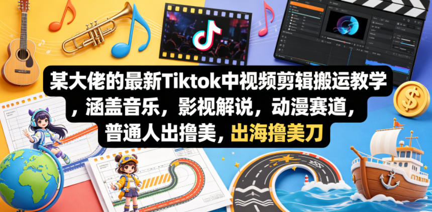 某大佬的最新Tiktok中视频剪辑搬运教学，涵盖音乐，影视解说，动漫赛道，普通人出海撸美刀-无畏轻创