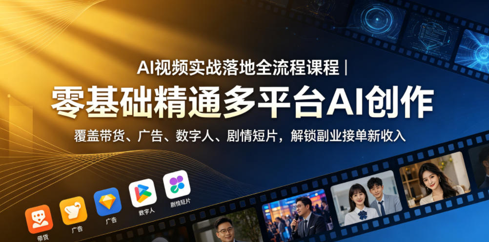 AI视频实战落地全流程课程｜零基础精通多平台AI创作，覆盖带货、广告、数字人、剧情短片，解锁副业接单新收入-无畏轻创