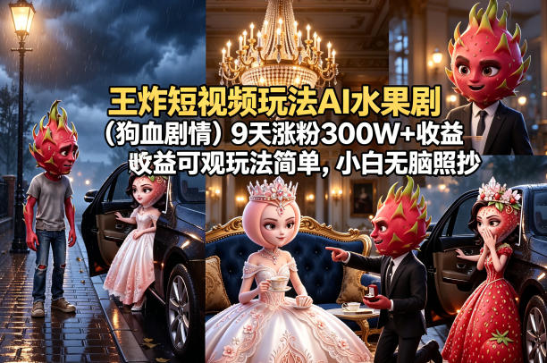 王炸短视频玩法AI水果剧(狗血剧情)9天涨粉300W+收益可观玩法简单，小白无脑照抄，详细拆解玩法-无畏轻创