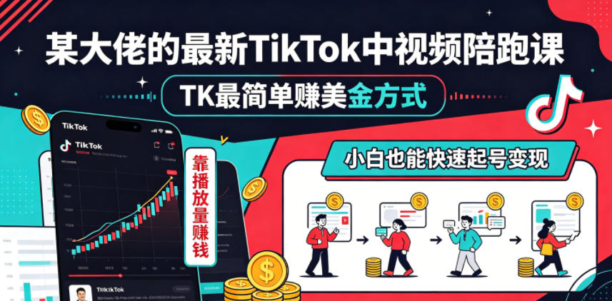某大佬的最新TikTok中视频陪跑课，TK最简单賺美金方式，靠播放量賺钱，小白也能快速起号变现-无畏轻创