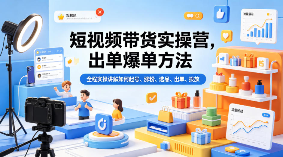 短视频带货实操营，出单爆单方法，全程实操讲解如何起号、涨粉、选品、出单、投放-无畏轻创