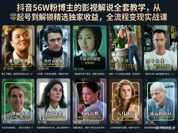 抖音56W粉博主的影视解说全套教学，从零起号到解锁精选独家收益，全流程变现实战课-无畏轻创