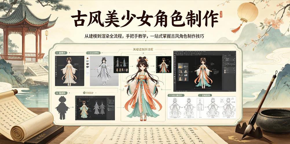 古风美少女角色制作，从建模到渲染全流程，手把手教学，一站式掌握古风角色制作技巧-无畏轻创