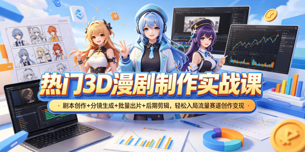 热门3D漫剧制作实战课，剧本创作+分镜生成+批量出片+后期剪辑，轻松入局流量赛道创作变现-无畏轻创