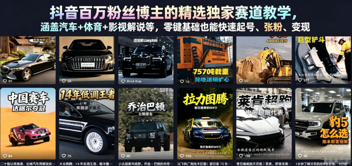 抖音百万粉丝博主的精选独家赛道教学，涵盖汽车+体育+影视解说等，零基础也能快速起号、涨粉、变现-无畏轻创
