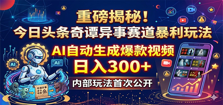 重磅揭秘！今日头条奇谭异事赛道暴利玩法：AI自动生成爆款视频，日入300+-无畏轻创