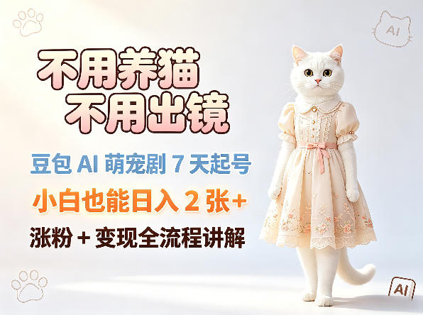 不用养猫不用出镜，豆包AI萌宠剧7天起号，小白也能日入2张+，涨粉+变现全流程讲解-无畏轻创