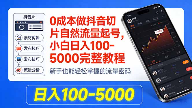 0成本做抖音切片自然流量起号，小白日入100-5000完整教程-无畏轻创