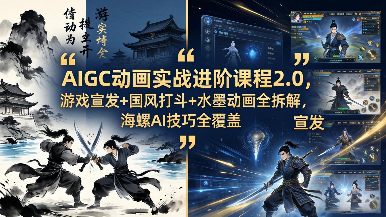 AIGC动画实战进阶课程2.0，游戏宣发+国风打斗+水墨动画全拆解，海螺AI技巧全覆盖-无畏轻创