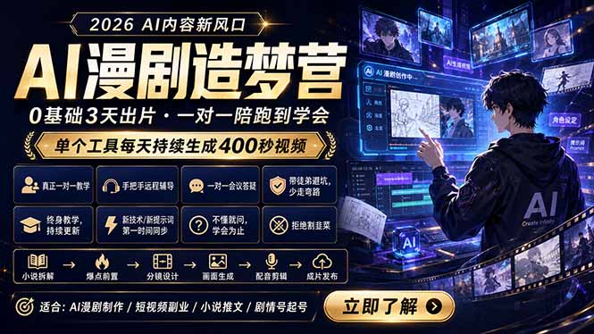 AI漫剧造梦营：0基础3天出片，单个工具每天持续生成400秒视频-无畏轻创