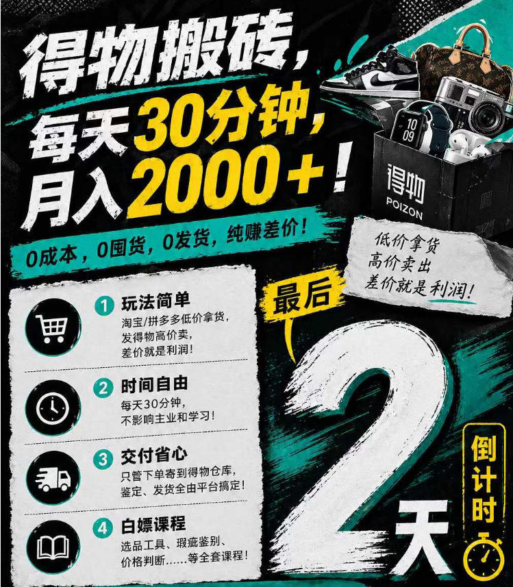得物搬砖，0成本起步每天30分钟，月入2000+，0成本，0囤货，0发货，纯賺差价-无畏轻创