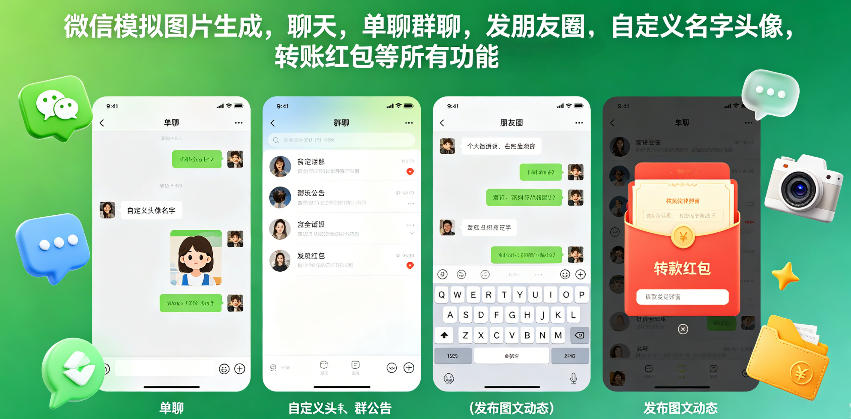 微信模拟图片生成，聊天，单聊群聊，发朋友圈，自定义名字头像，转账红包等所有功能都可以生成-无畏轻创