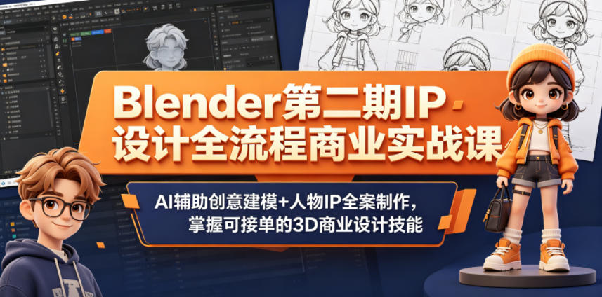 Blender第二期IP设计全流程商业实战课，AI辅助创意建模+人物IP全案制作，掌握可接单的3D商业设计技能-无畏轻创