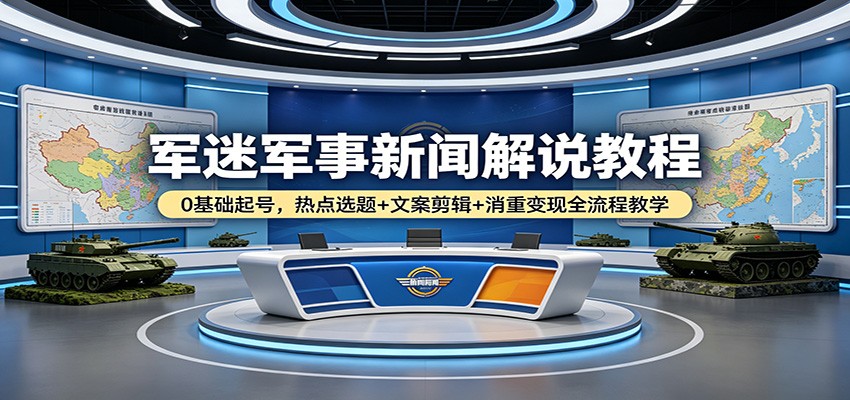 军迷军事新闻解说教程：0基础起号，热点选题+文案剪辑+消重变现全流程教学-无畏轻创