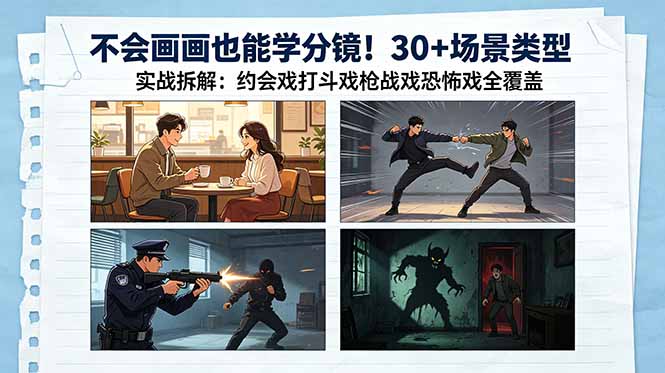 不会画画也能学分镜！30+场景类型实战拆解：约会戏打斗戏枪战戏恐怖戏全覆盖-无畏轻创