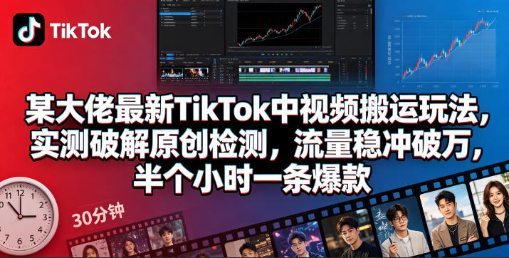 某大佬最新TikTok中视频搬运玩法,实测破解原创检测,流量稳冲破万,半个小时一条爆款-无畏轻创