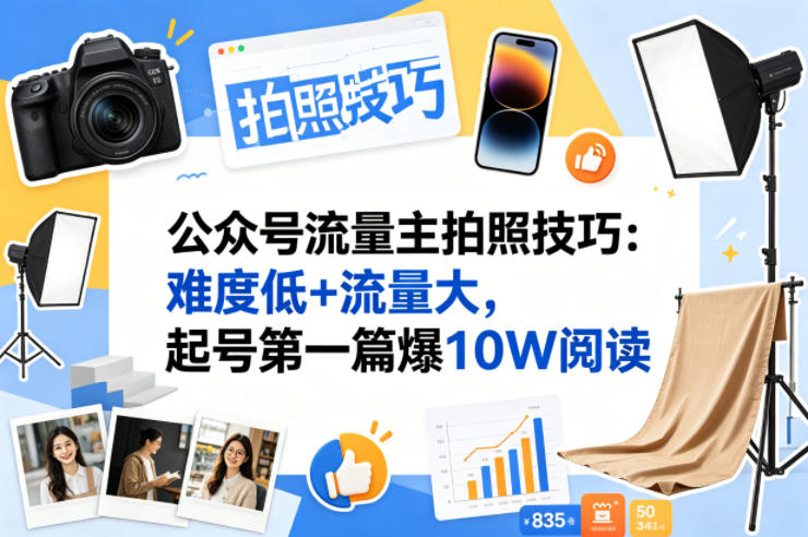 公众号流量主之拍照技巧赛道，难度低+流量大，起号第一篇就爆了10w阅读-无畏轻创