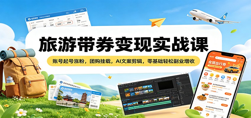 旅游带券变现实战课：账号起号涨粉，团购挂载，AI文案剪辑，零基础轻松副业增收-无畏轻创