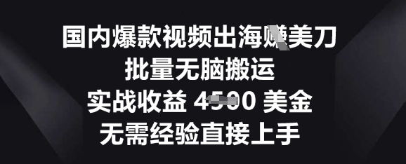 国内爆款视频出海挣美刀，批量无脑搬运，实战收益4.5k，无需经验直接上手-无畏轻创